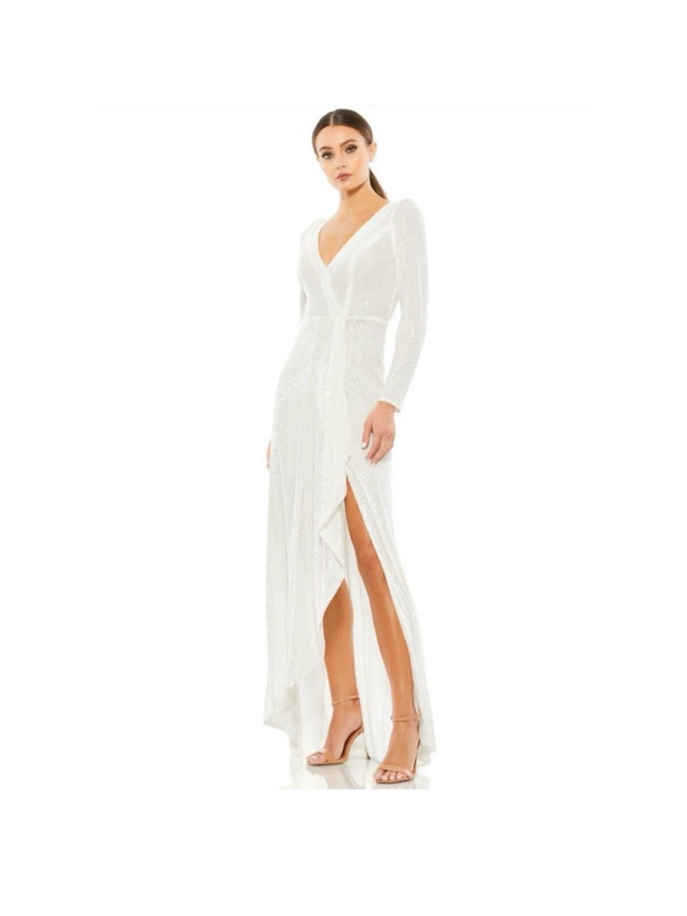 Ieena for Mac Duggal White Sequin High-Low Wrap Dress with Slit